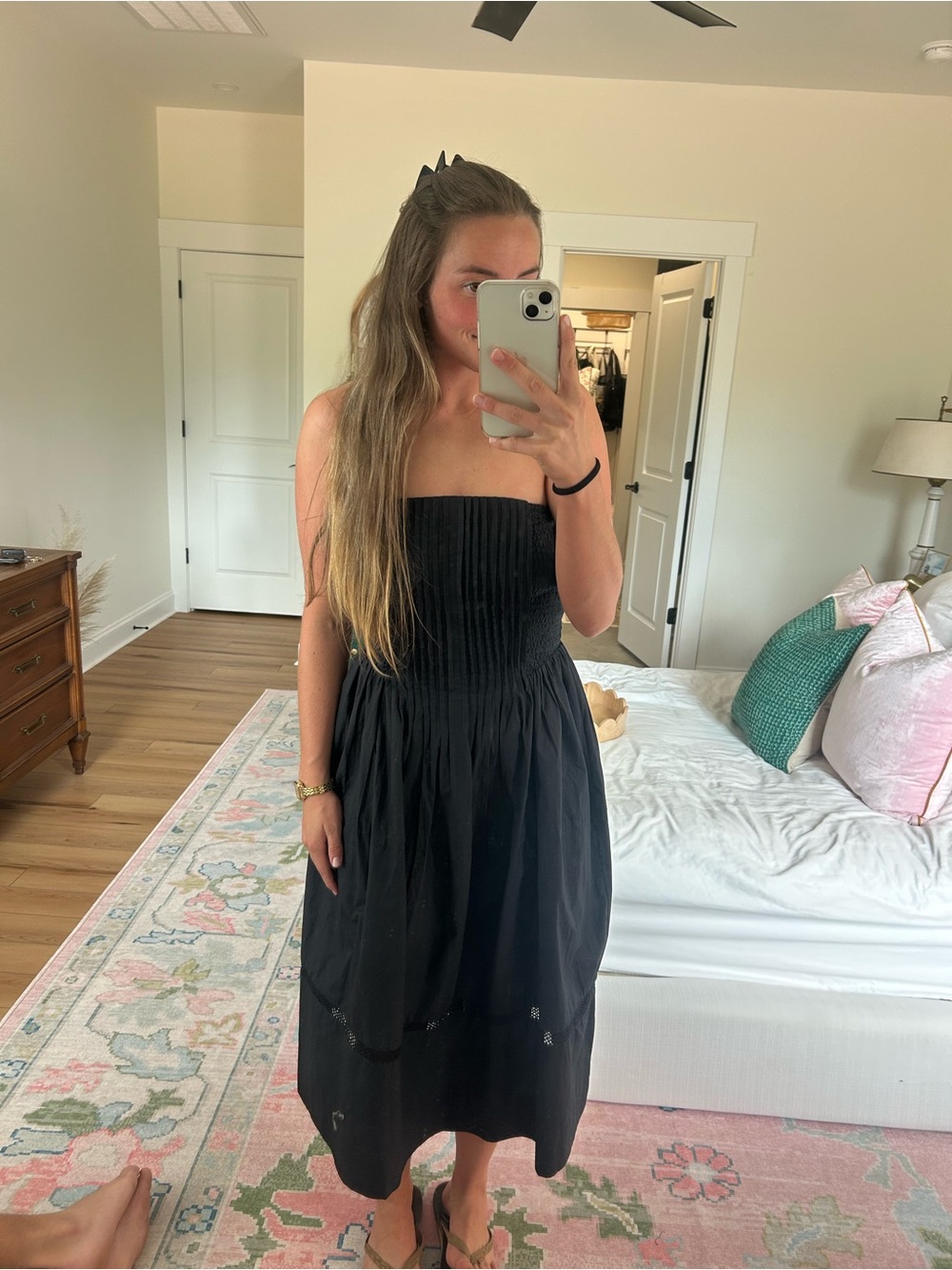 Anthropologie Black Strapless Smocked Midi Dress